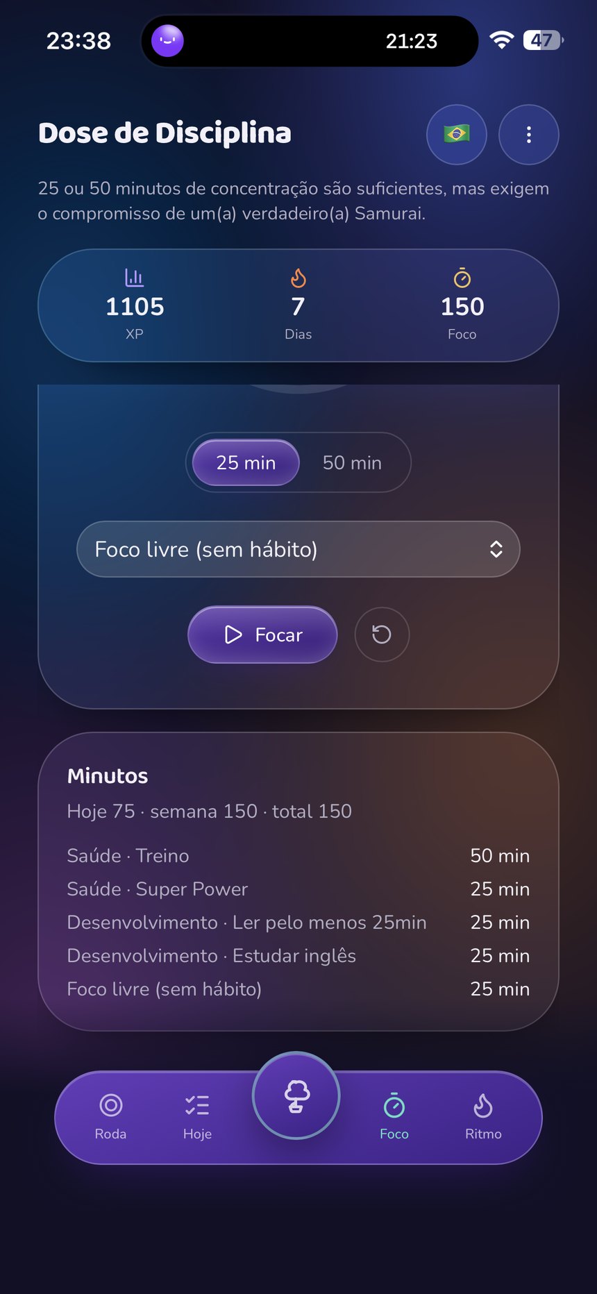 Tela de Foco do IkiApp com timer de 25 ou 50 minutos