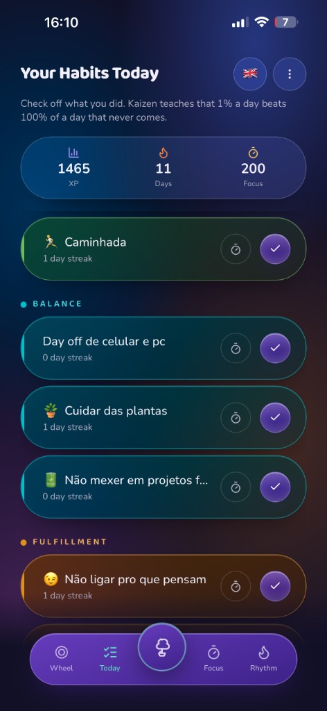Tela Hoje do IkiApp com a lista de hábitos